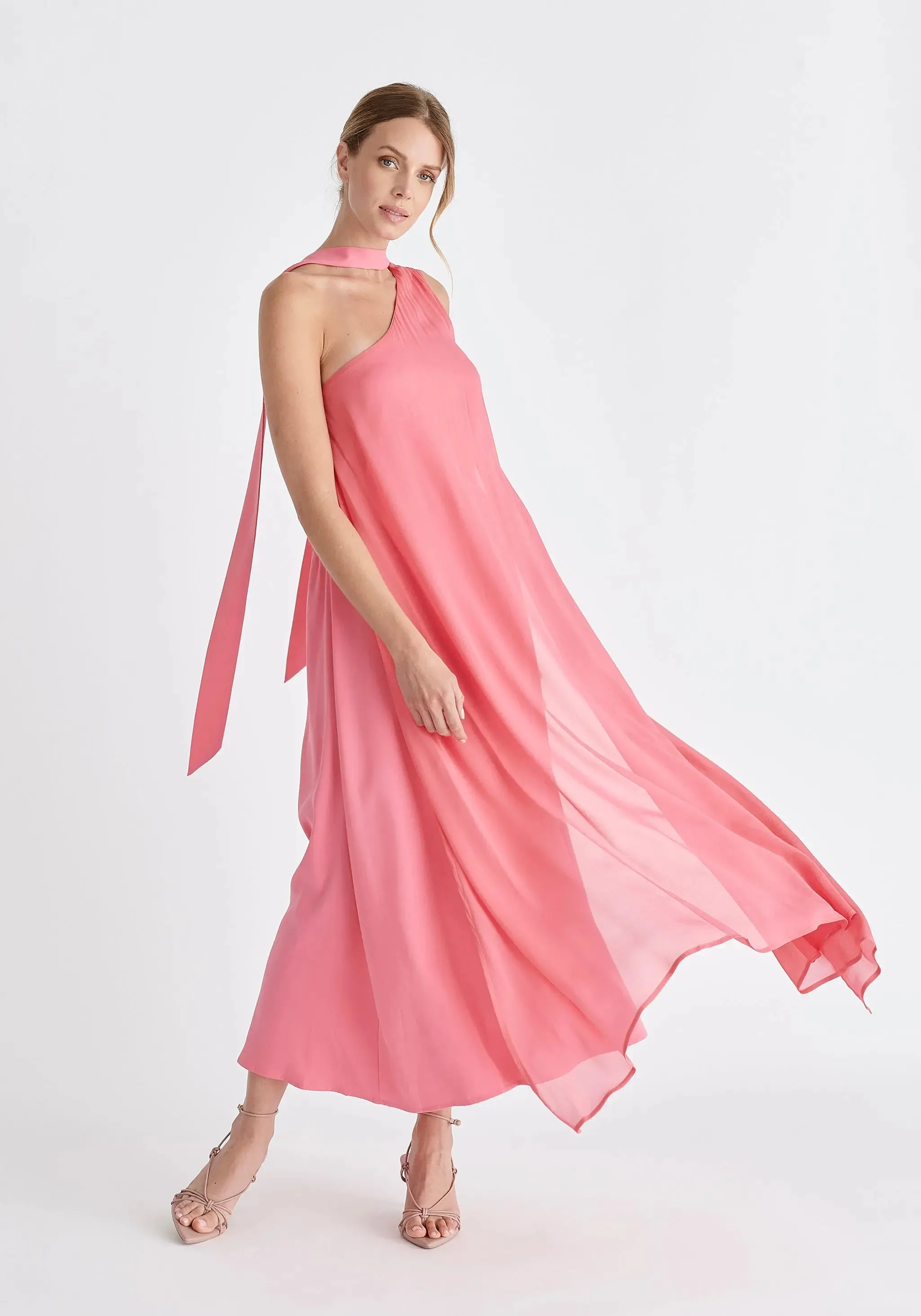 Pink One Shoulder Flowy Dress