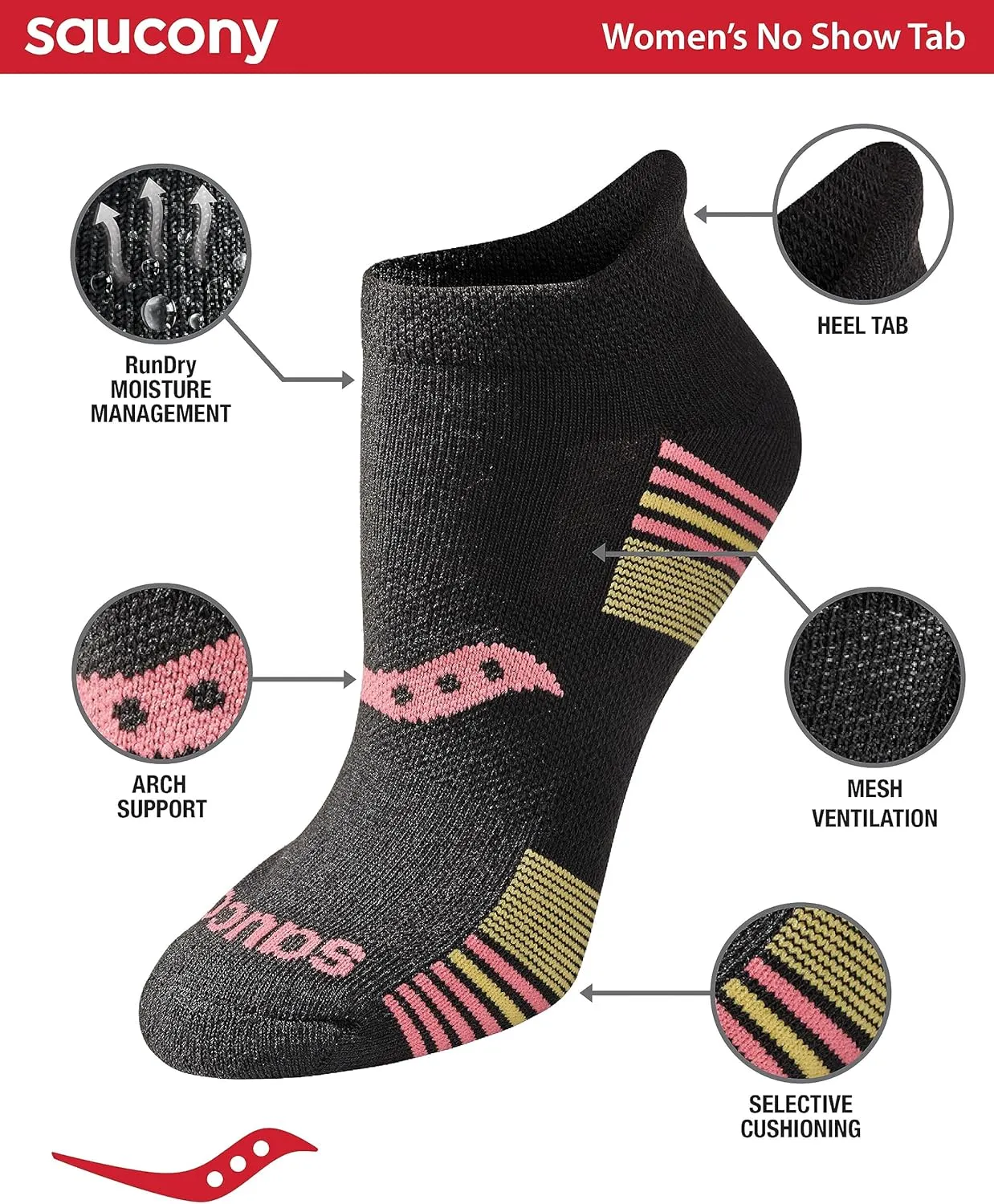 Saucony Women's Rundry Performance Heel Tab Athletic Socks, Available in S-l (8, 16, 24 Pairs)