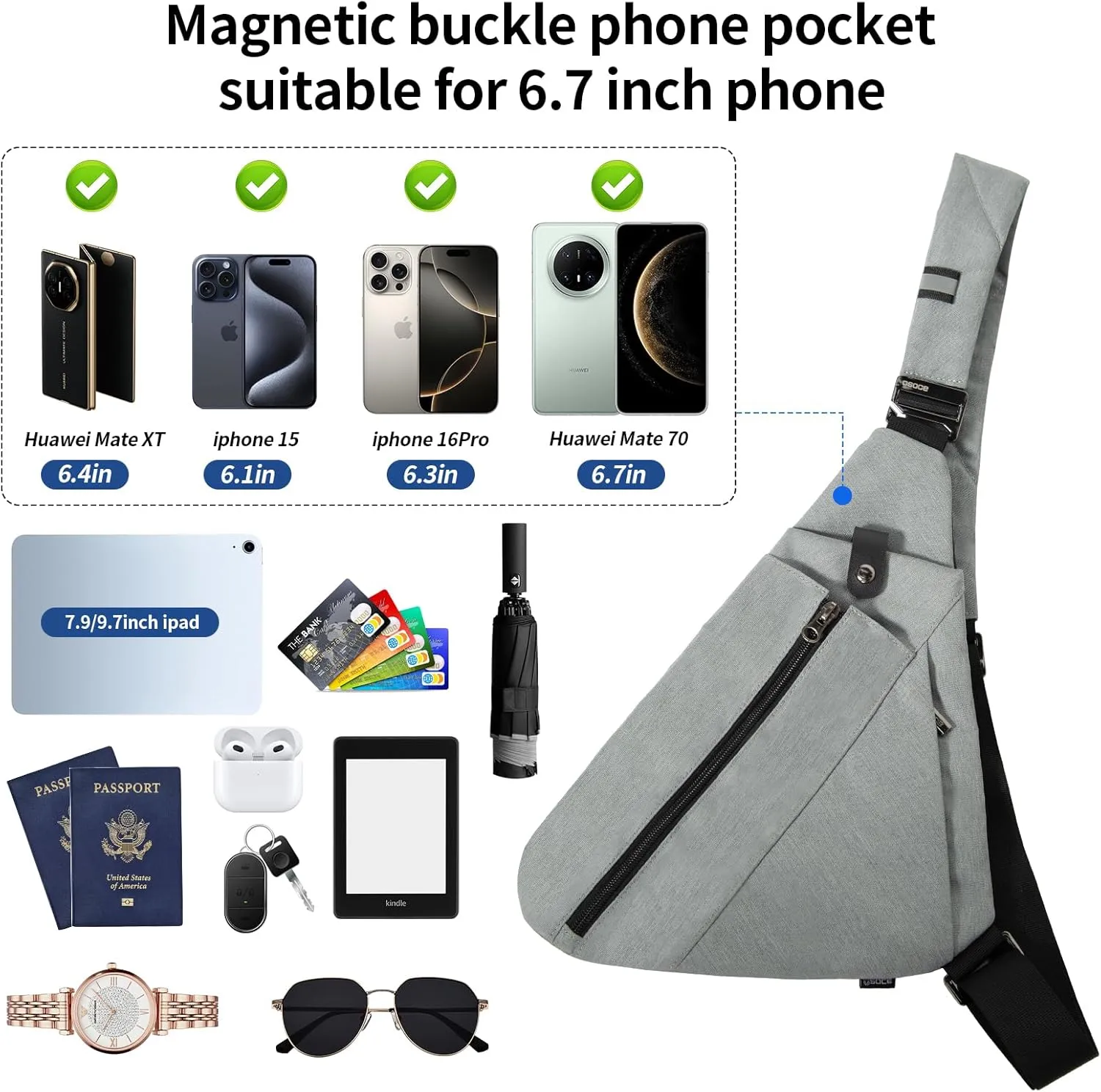 Sling Bag for Women Men,RFID Crossbody Hiking Backpack Chest Shoulder Tactical with Water Bottle Bag for Travel Sports