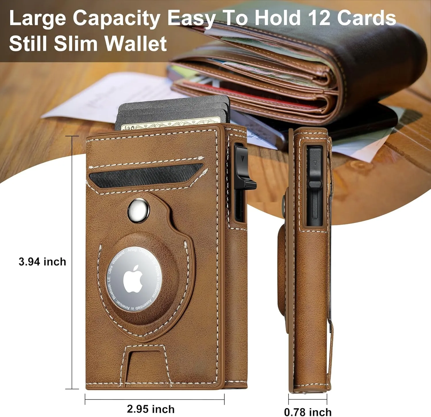 Smart Airtag Wallet for Men Slim: Pop up Card Wallet with Airtag Holder - Apple Air tag Wallet with Cash Strap - RFID Leather Trifold Wallet Men for Gifts