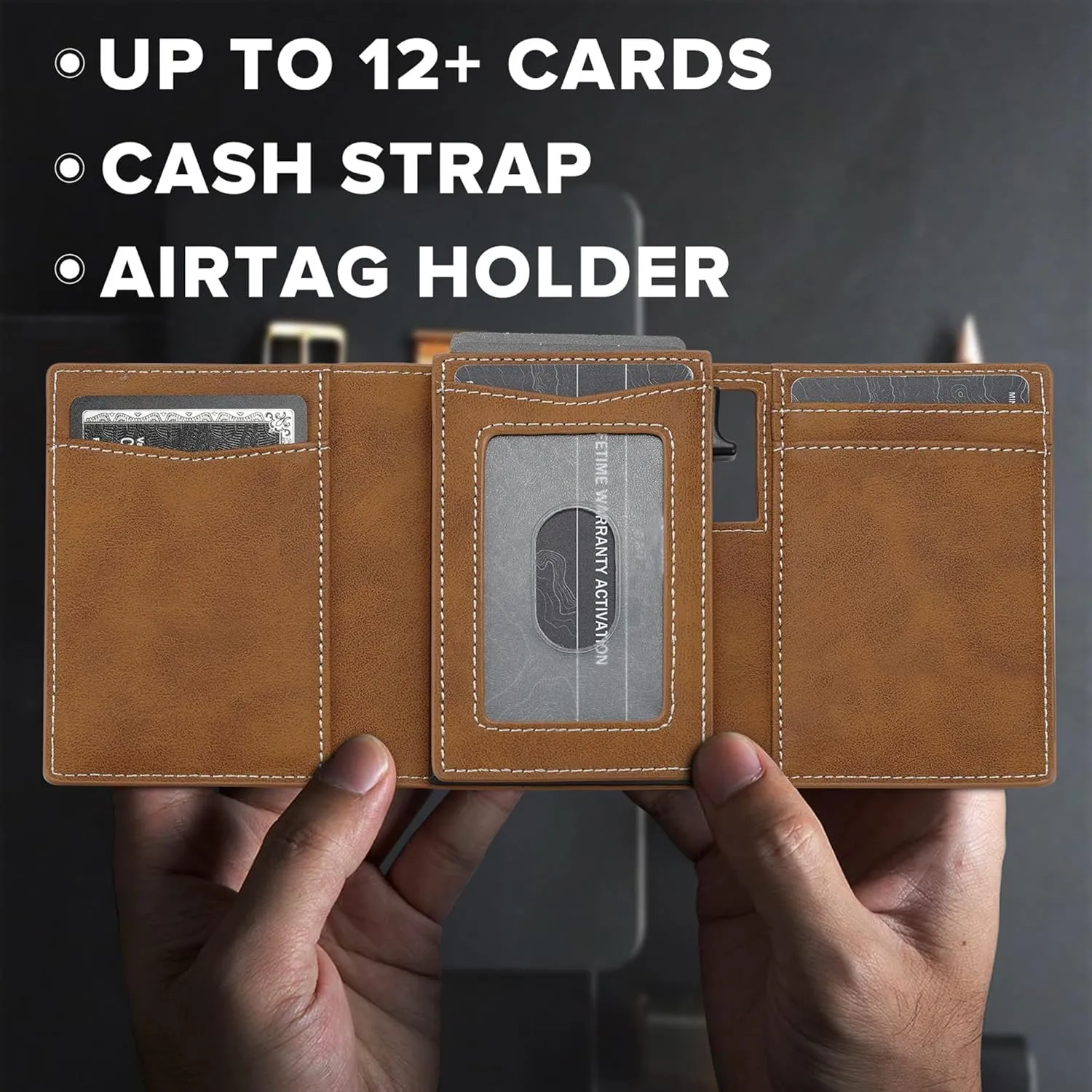 Smart Airtag Wallet for Men Slim: Pop up Card Wallet with Airtag Holder - Apple Air tag Wallet with Cash Strap - RFID Leather Trifold Wallet Men for Gifts