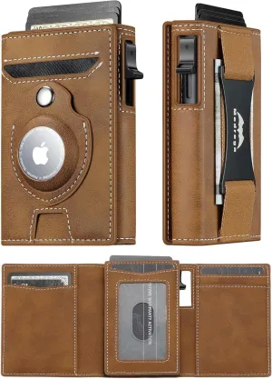 Smart Airtag Wallet for Men Slim: Pop up Card Wallet with Airtag Holder - Apple Air tag Wallet with Cash Strap - RFID Leather Trifold Wallet Men for Gifts