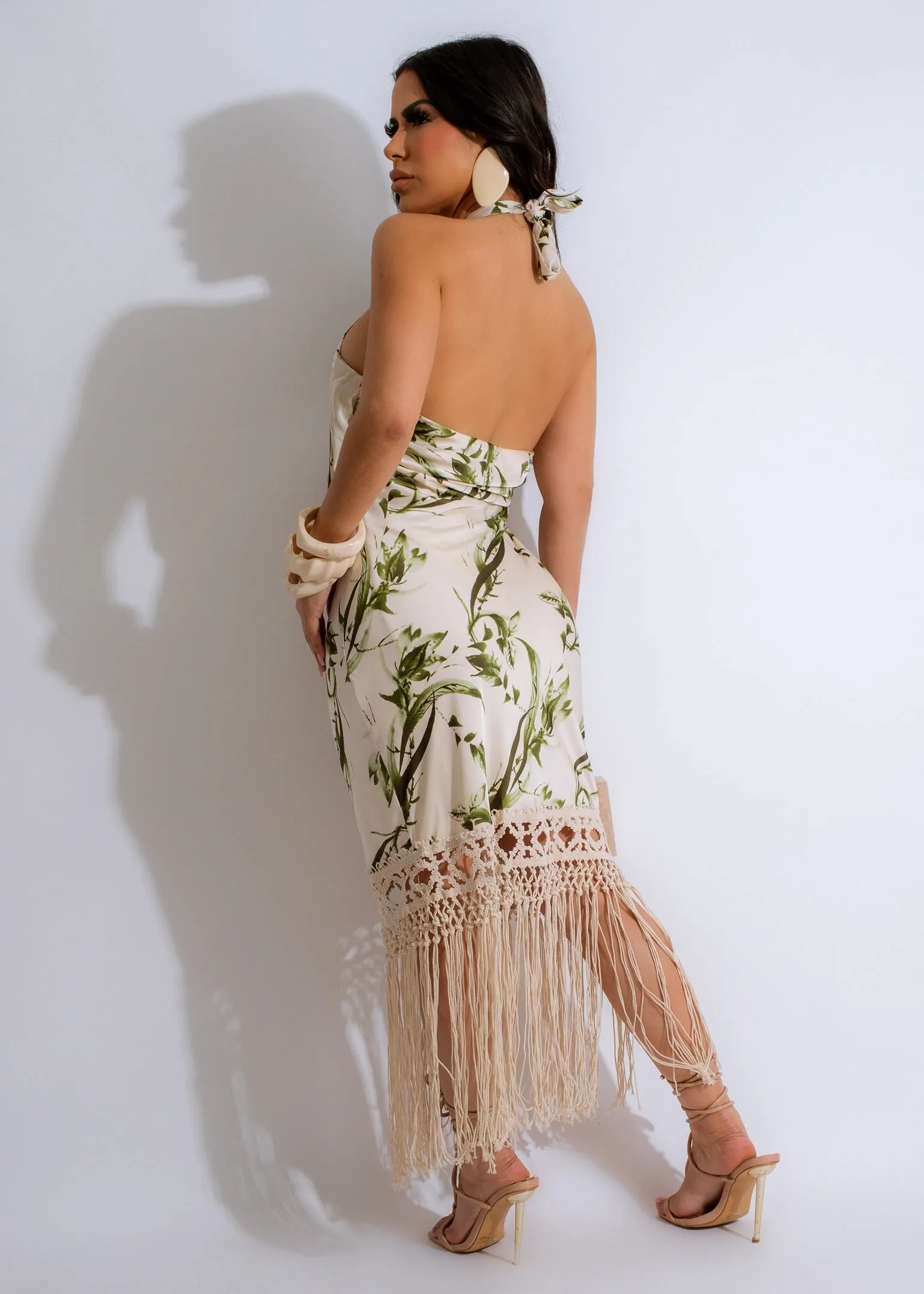 Voyage Floral Silk Fringe Midi Dress Nude