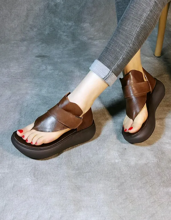 Women's Retro Leather Flip-flop Wedge Sandals