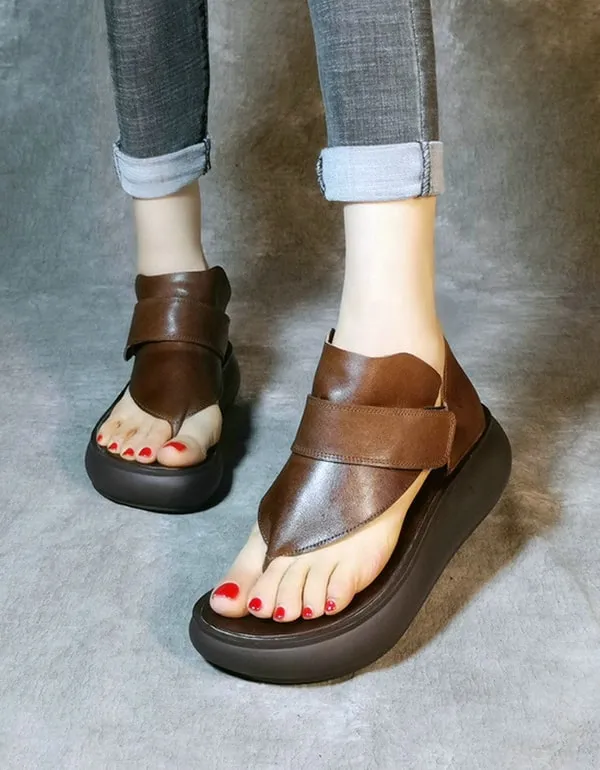 Women's Retro Leather Flip-flop Wedge Sandals