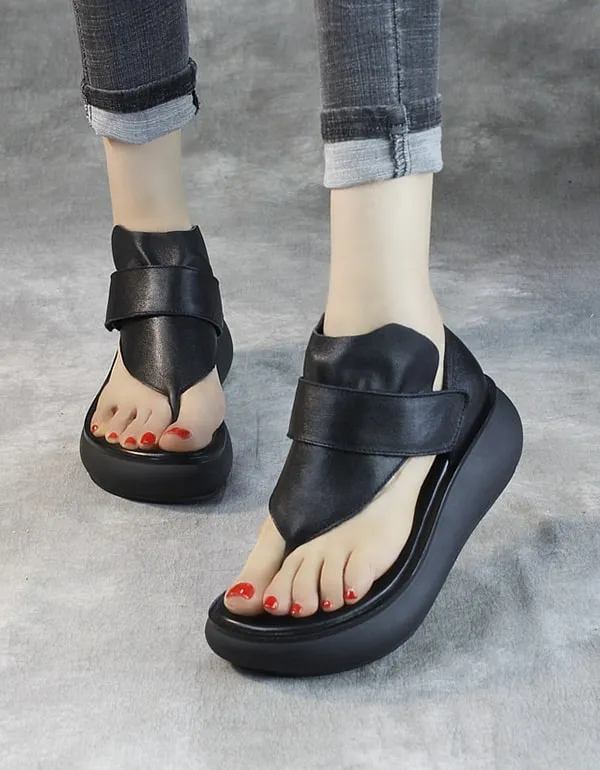 Women's Retro Leather Flip-flop Wedge Sandals